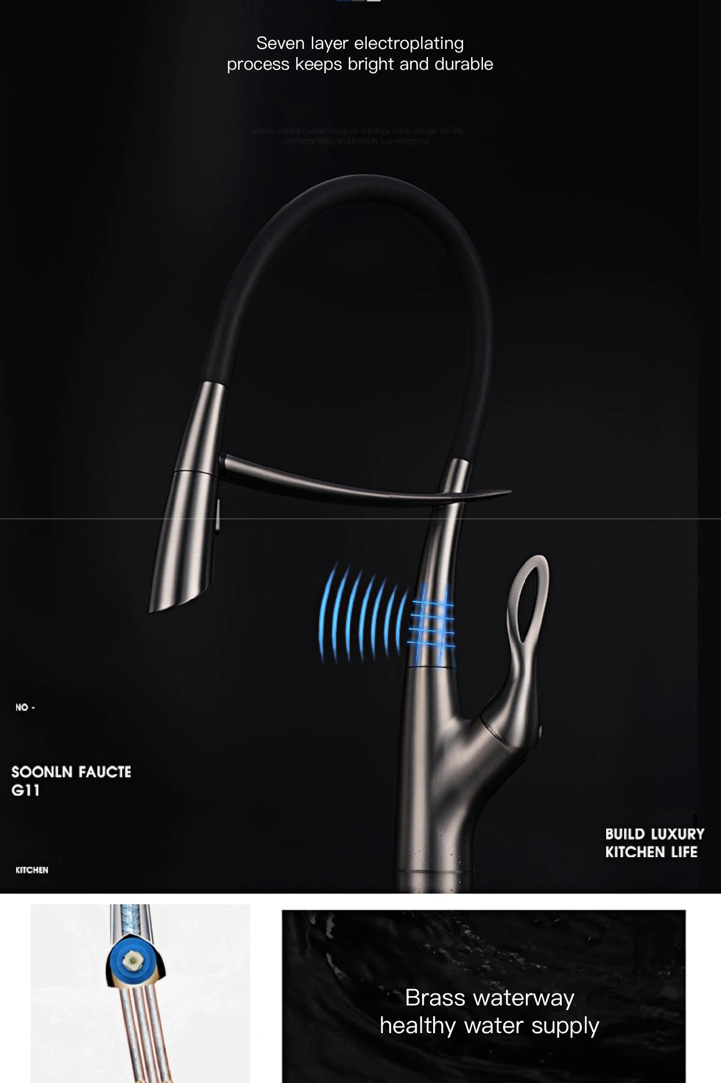 Moderner Luxus-Küchenarmatur aus schwarzem Messing, ausziehbares magnetisches Saugdesign, Einhebelmischer für heißes und kaltes Wasser mit 2 Funktionen