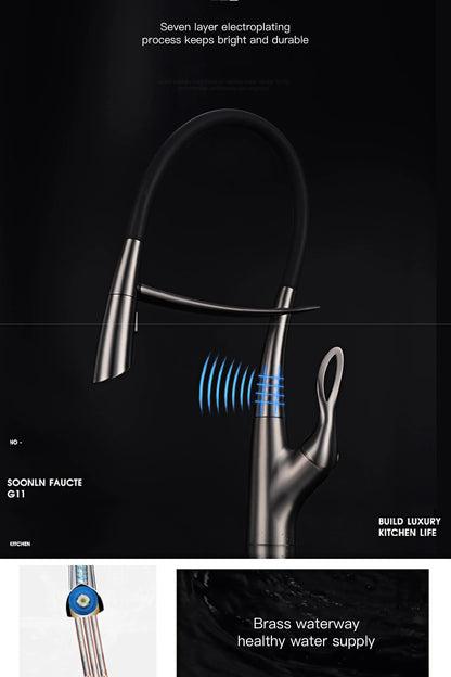 Moderner Luxus-Küchenarmatur aus schwarzem Messing, ausziehbares magnetisches Saugdesign, Einhebelmischer für heißes und kaltes Wasser mit 2 Funktionen