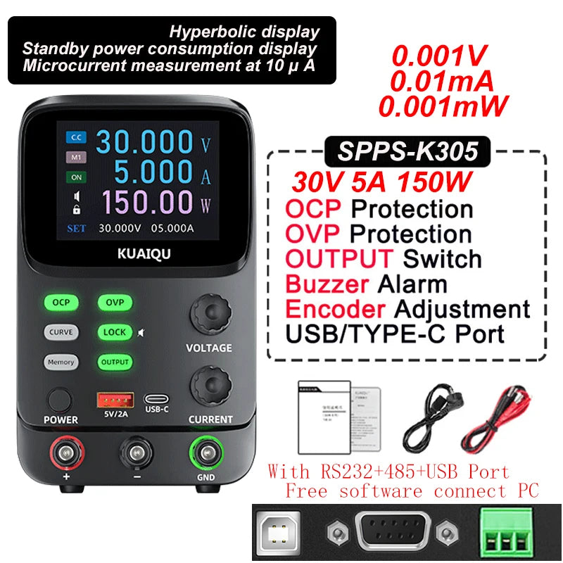 KUAIQU 5 Digits Programmable Adjustable Power Supply 30V 10A,Battery Simulation Tester,Real time Curve Display Voltage Current