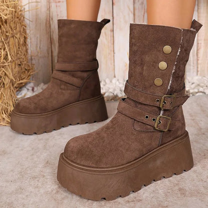 Brown Chunky Platform Women's Snow Boots Winter Retro Button Buckle Detor Snow Boots Woman Faux Suede Keep Warm Botas Mujer.