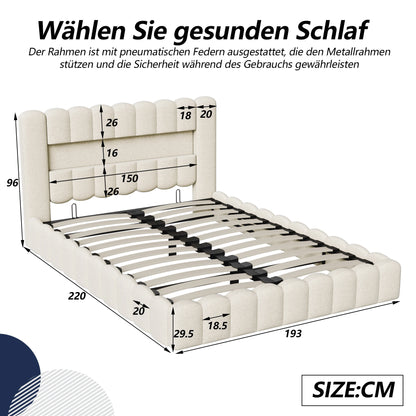 Anajqaqia Doppelbettgestell 180 x 200 cm, Beige, mit LED-Licht und USB- und Typ-C-Anschlüssen, Aufbewahrung von Gasdrucklift