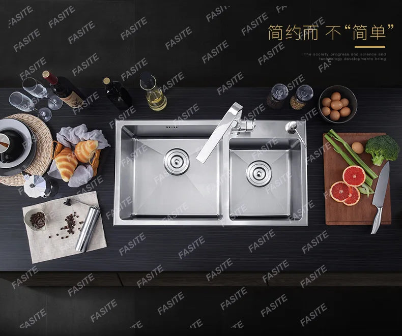 Stainless steel  double sink, kitchen , vegetable basin, thickened countertop and undercounter basin, double basin, dishwasher
