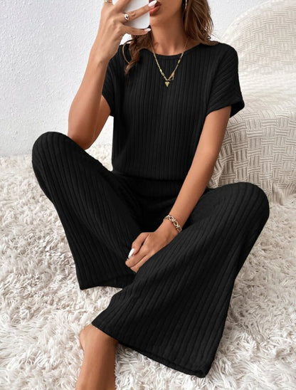 Two Piece Pant Sets Women Straight Pants Tops Pullover Short Sleeve Round Neck Spliced Top Solid Casual Streetwear Summer