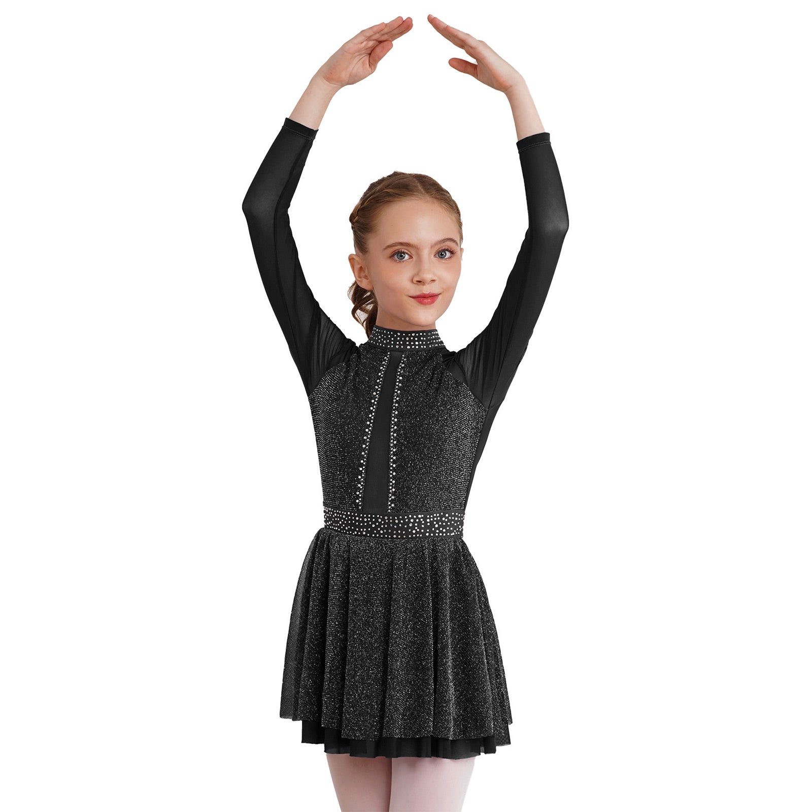Kinder Mädchen Eiskunstlauf Kostüm Ballett lyrische Tanz gymnastik Trikot Kleid Langarm glänzend Mesh Performance Dance wear.
