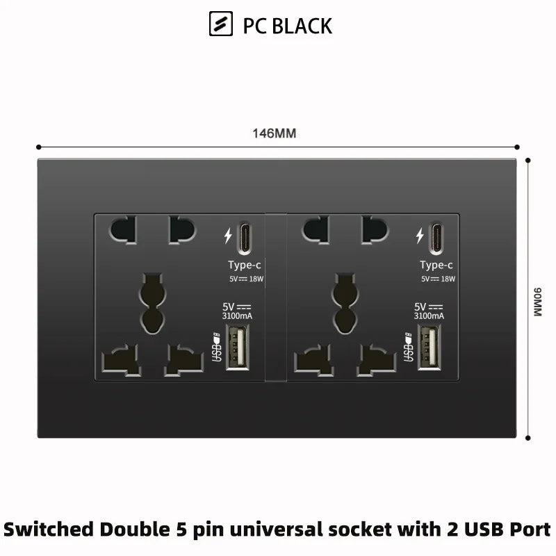 Schwarze UK 13A Wandsteckdose mit USB Typ C 18W Schnelllade-Steckdose, Wandsteckdose mit USB-Ladegerät, Schalter mit Steckdose