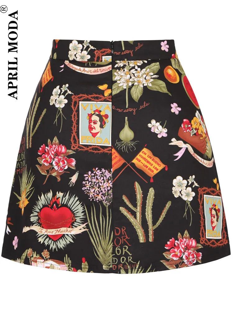 Cotton Y2K Summer Mini Skirts Women Harajuku Pencil Beach Streetwear Vintage Black Floral Print Short A Line Skirt Falda Corta.