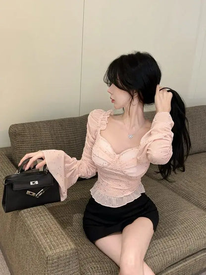 New Women's One Shoulder Flared Sleeve Top Pink Sweet and Spicy Top Niche and Unique Shirt.