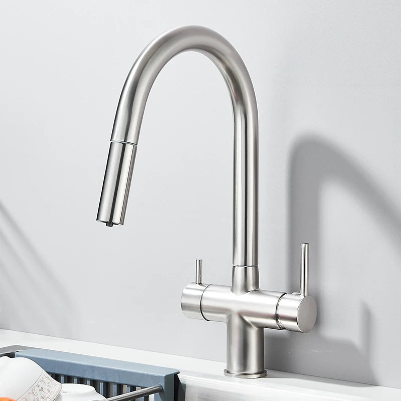 Filter Kitchen Faucet Pull Out Flexible Drinking Water Kitchen Faucets Dual Handle Metal 2 in 1 Hot Cold Water Mixer Tap