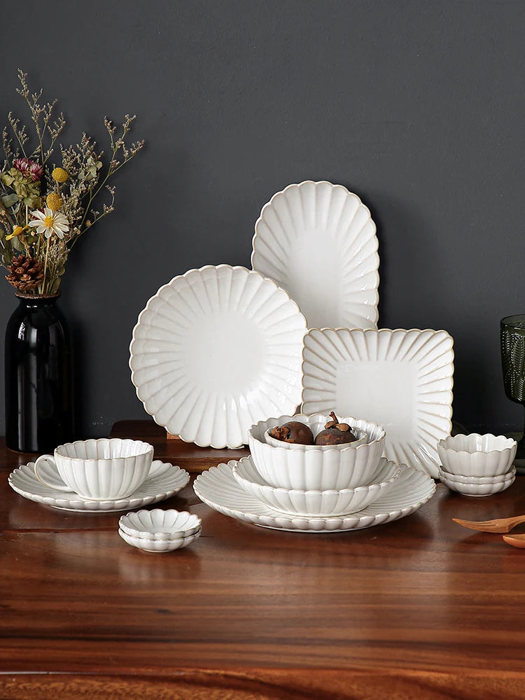 Nordic Household White Bowls Dinner Plates Ceramic White Glaze Tableware Set Western Steak Dish Salad Bowl Vegetable Fish Plate.