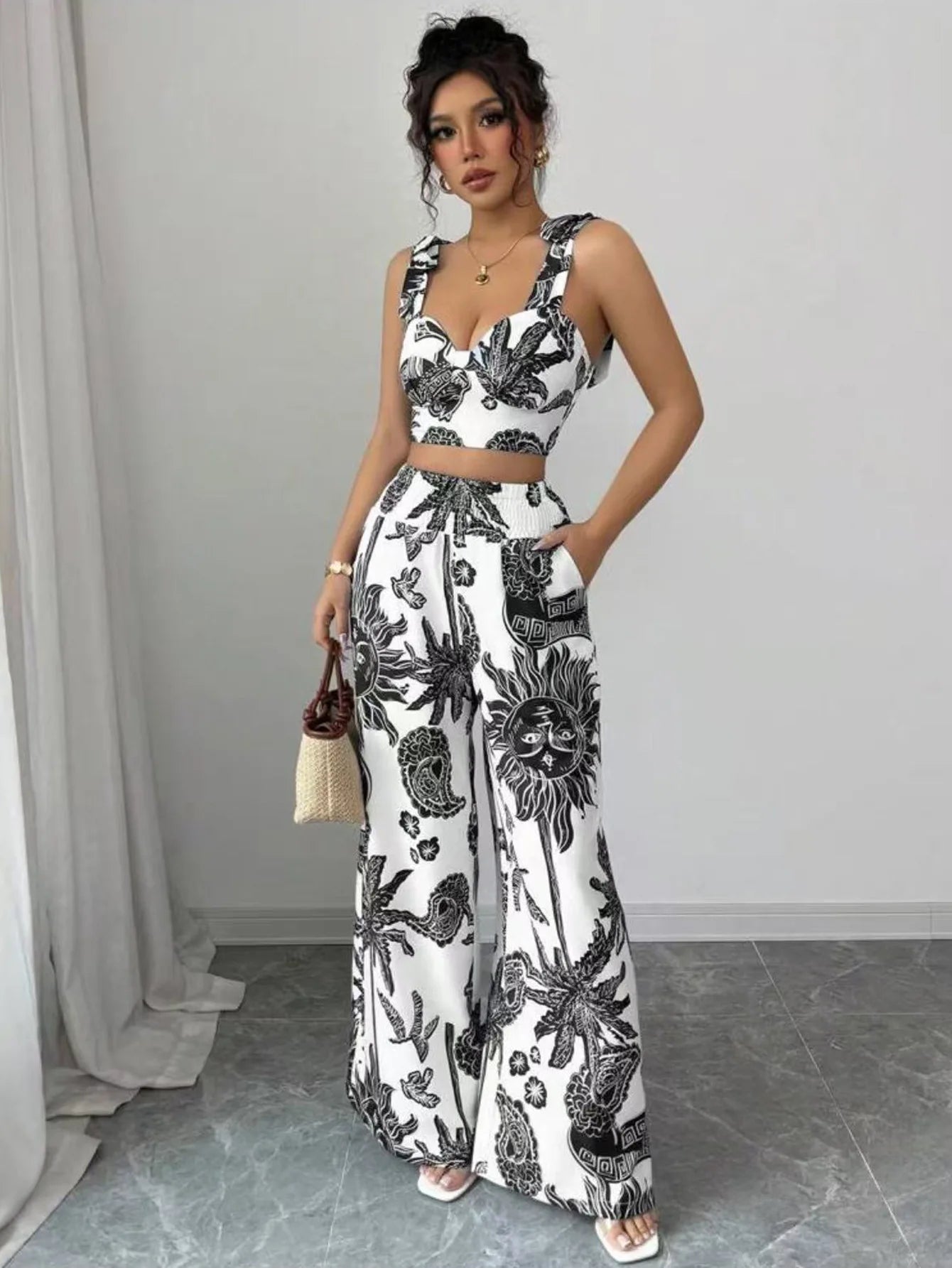 Two Piece Sets Women Pant Print Sling Tops High Waist Wide Leg Pants Drawstring Matching Sets Casual Backless Tops Summer 2025.