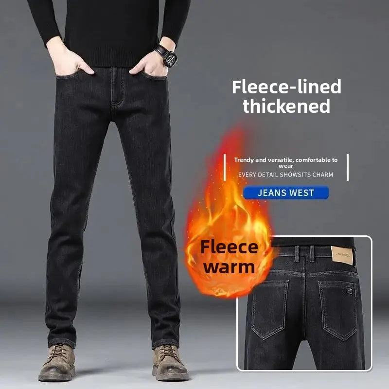 Loose Casual Jeans for Men Mid-aged Thick Winter Long Pants Business Style Straight Leg Spring Autumn Korean Version