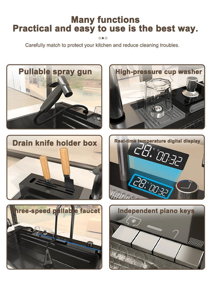 Various Waterfall kitchen Sink  Stainless Steel Multifunctional Large Single Slot Digital Display Sinks