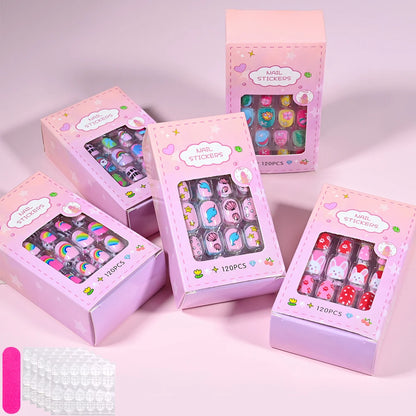 120Pcs Children's Press on Nails Kids Cartoon Acrylic Fake Nails Tips Kawaii Girl Full Cover Short False Nails With Jelly Glue#@.