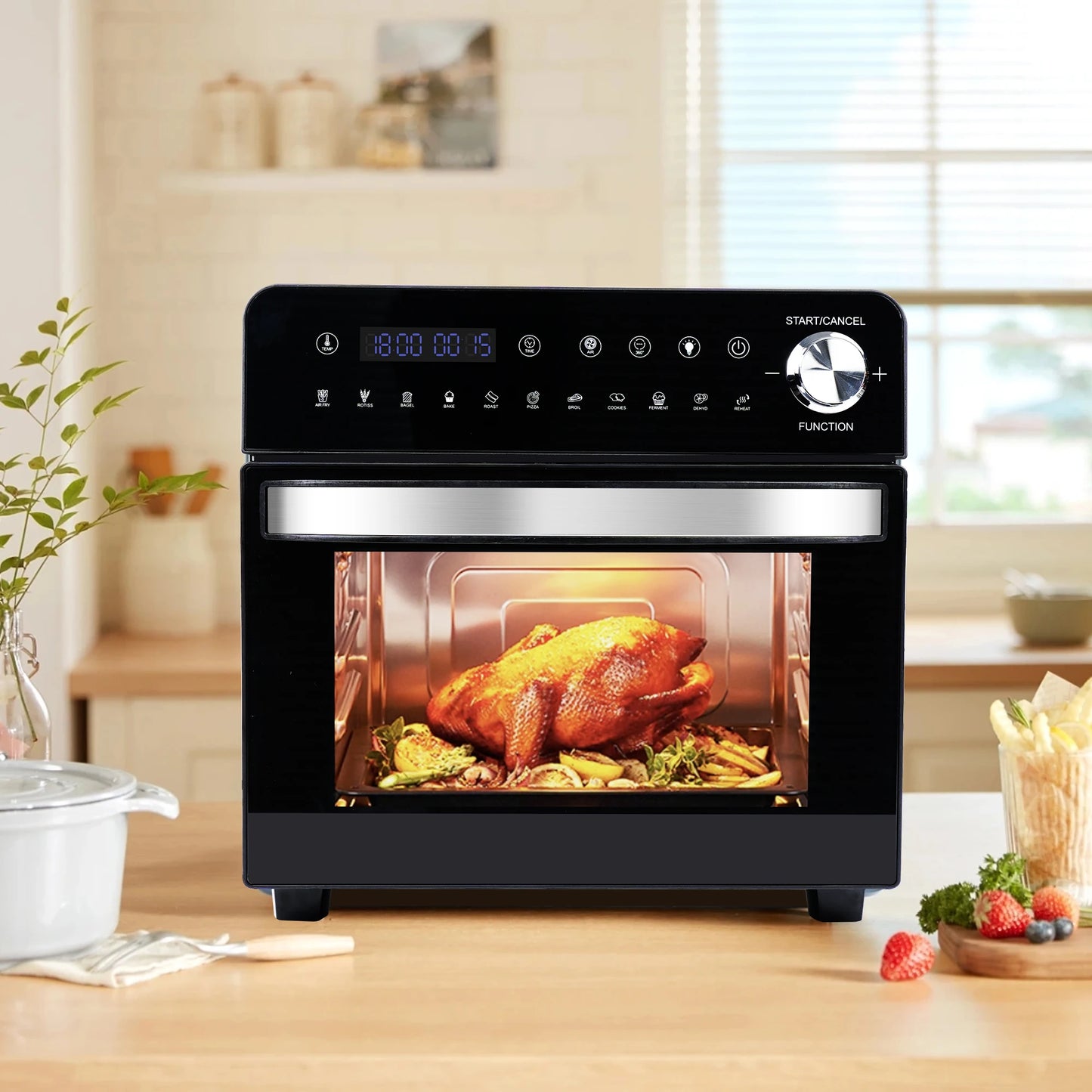 Hot Air Fryer 14L XXL Airfryer Mini Oven 1800W with 11 Programmes LED Screen, 5 Accessories Including Rotisserie and Recipe Book.