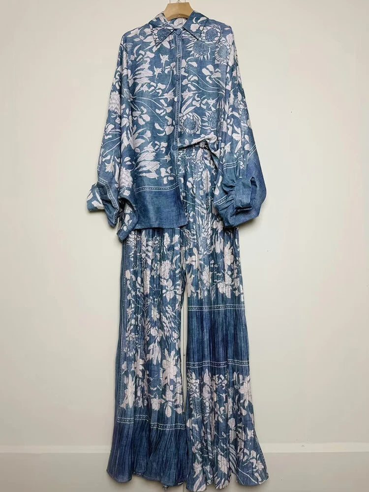 Designer's retro geometric print loose shirt two-piece set for Spring 2025 women's wear + pleated wide-leg pants fashion set.