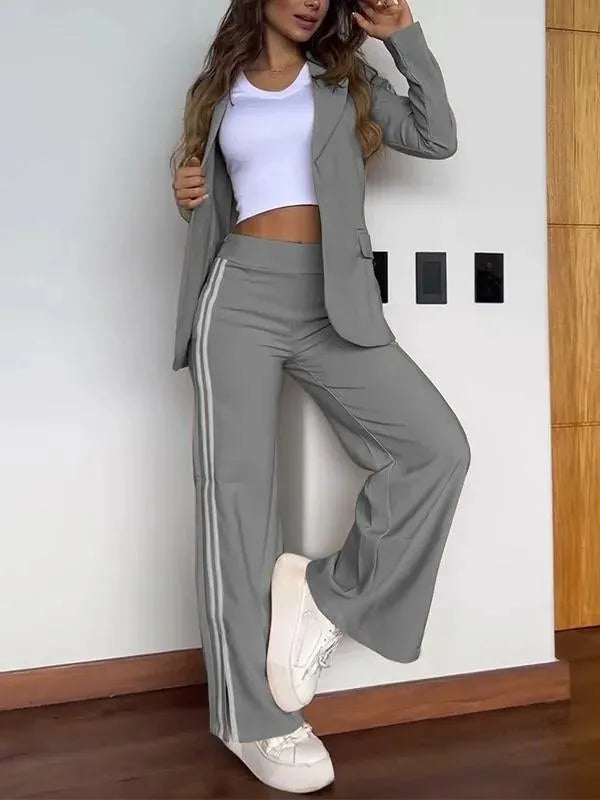 Autumn Winter New Women's Casual Lapel Pantsuit Fashion Splicing Stripes Slit Wide Leg Trousers Female Suit Office Two-piece Set.