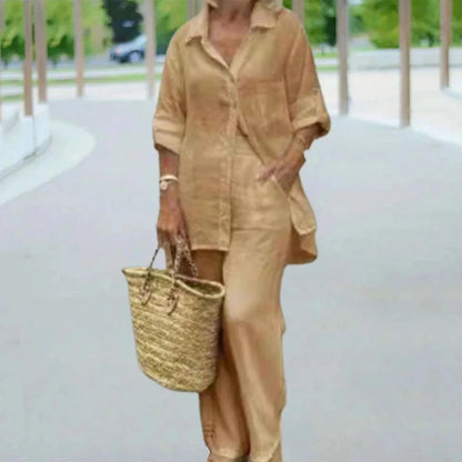 Elegant Solid Cotton Linen Shirt 2 Piece Set For Women Casual Outfits Autumn Long Sleeve Pocket Top Wide Leg Pants Suits Female.