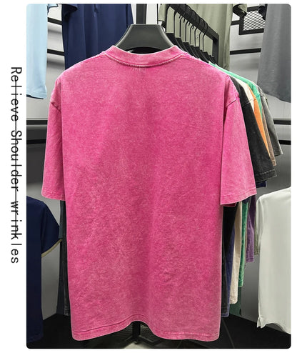 Personality washed vintage short sleeve T-shirt high-end 100% pure cotton men fashion round neck comfort lightweight casual top.