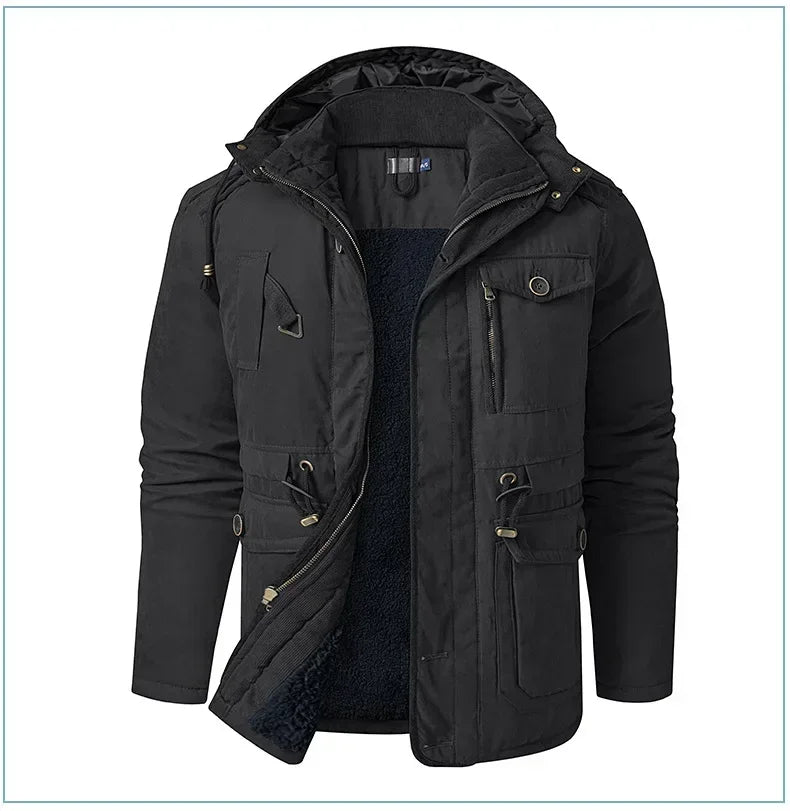 Men's Jacket WINTER USA SIZE Large SIZE Lamb Fleece JACKETS Hooded Cotton Thickened Multi Pocket Casual Mid length Coat