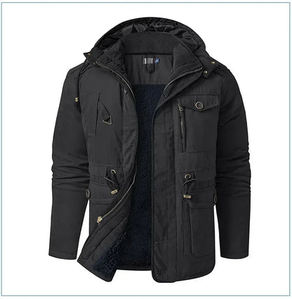 Men's Jacket WINTER USA SIZE Large SIZE Lamb Fleece JACKETS Hooded Cotton Thickened Multi Pocket Casual Mid length Coat