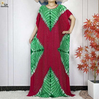 2024 New Muslim Women Dashiki Printed Dress Flower Diamonds Loose Dress With Big Scarf Islamic African Women Short Sleeve Abaya.