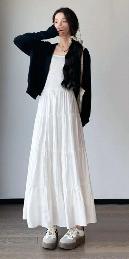 Spring Summer Women Long Skirts Fashion High Waist Elastic Patchwork A-Line Skirt Casual All-Match White Cake Maxi Skirts Female.