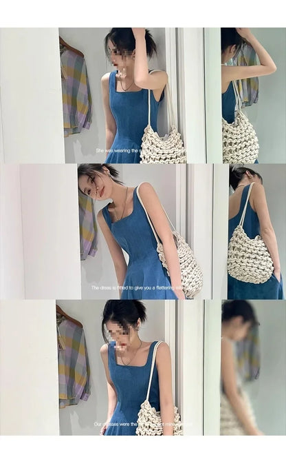 Blue Mist Love Französisches Jeanskleid für Damen, Sommer, einzigartiges Design, Taille, Cinching-Riemen, langes Kleid, elegante blaue Polyesterfaser