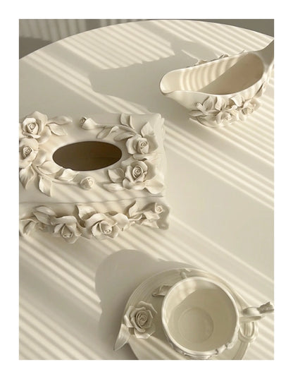 Vintage relief ceramic coffee set, hand-squeezed camellia afternoon tea set, tissue box, creative gift..