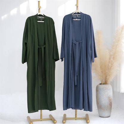 Eid Summer Cotton Linen Kimono Coat Dubai Open Abaya 2024 Muslim for Women Set Retro Kaftan Modest Dresses Islam Clothing Kebaya.