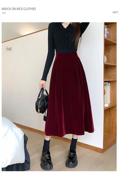 Autumn Winter Warm Vintage Red Elegant Velvet A-line Skirt For Women 2024 High Waist Casual Black Party Pleated Big Swing Skirts.
