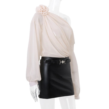 WhereMery Sexy Irregular Oblique-neck Flower Applique T Shirt Summer Off Shoulder Fashion Long Sleeve Crop Tops Street Mesh Tees