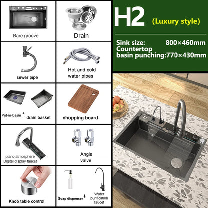 Various Waterfall kitchen Sink  Stainless Steel Multifunctional Large Single Slot Digital Display Sinks