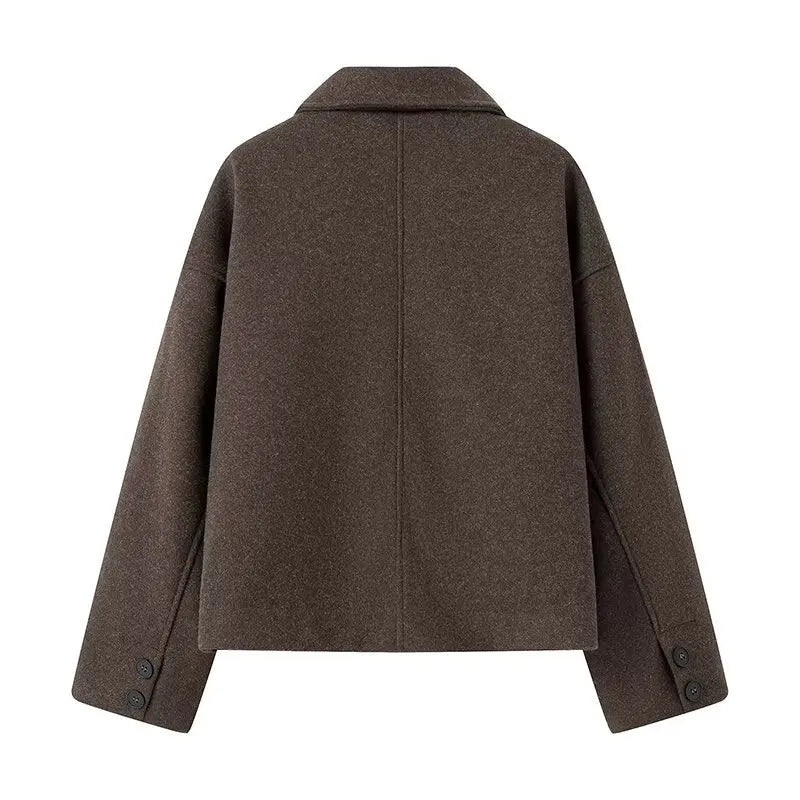 Woolen frauen Jacke Elegante Lose Langarm Turndown Einreiher Weiblichen Mantel 2024 Winter Mode Casual Dame Mantel