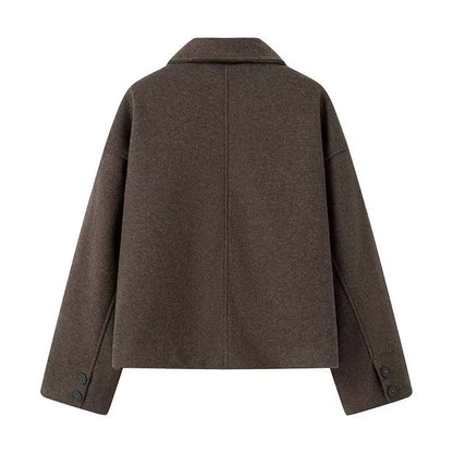 Woolen frauen Jacke Elegante Lose Langarm Turndown Einreiher Weiblichen Mantel 2024 Winter Mode Casual Dame Mantel