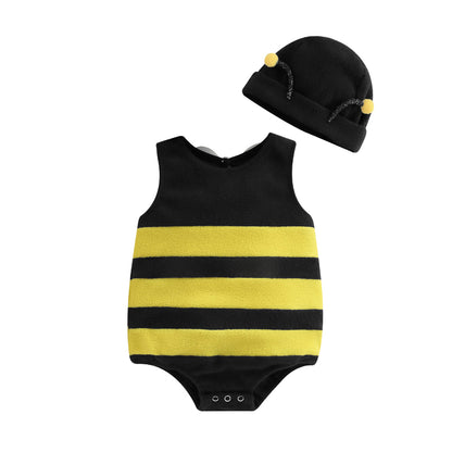 Baby Jungen Mädchen Biene Strampler Streifen Ärmellos Rücken Weiß Flügel Dekor Overalls Lässige Kostüm Kleidung Säuglingsbodysuits mit Hut.