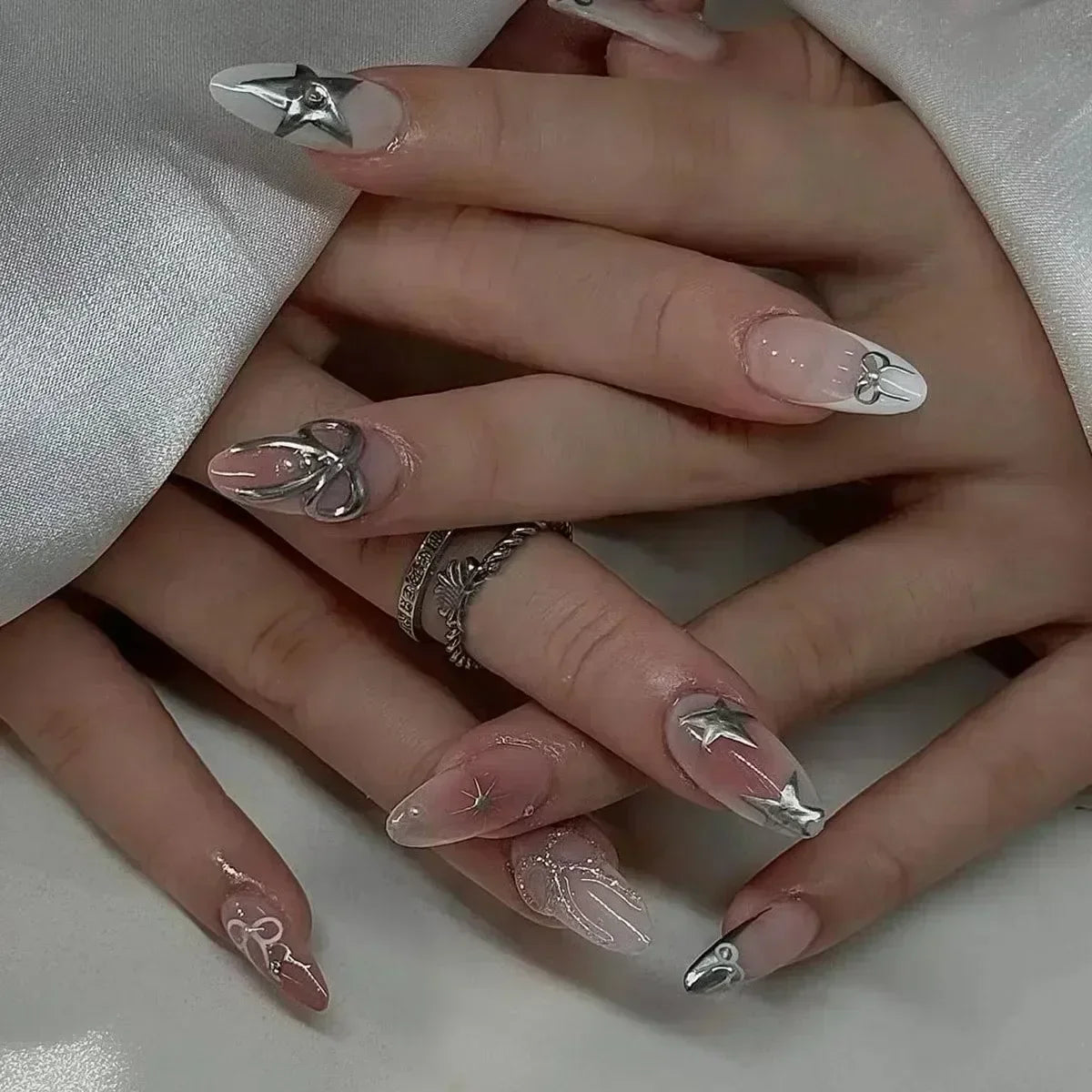 White Glitter Powder Bowknot Long Pointed Fake Nails Art Ballet False Nail Cow Print Pearl Rhinestone Pink Almond Press on Nails