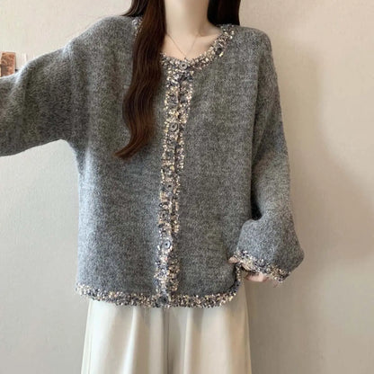 Pailletten-Strickjacke für Damen, Herbst und Winter, lockeres Schlankheitsoberteil