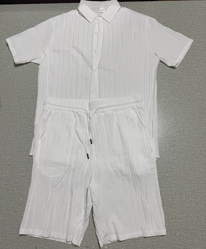 Lazy Street Style Vertical Stripe Slimming Shirt Shorts Two-piece Set No Need To Pair With Autumn Men's Thin Knit Sports Suit.