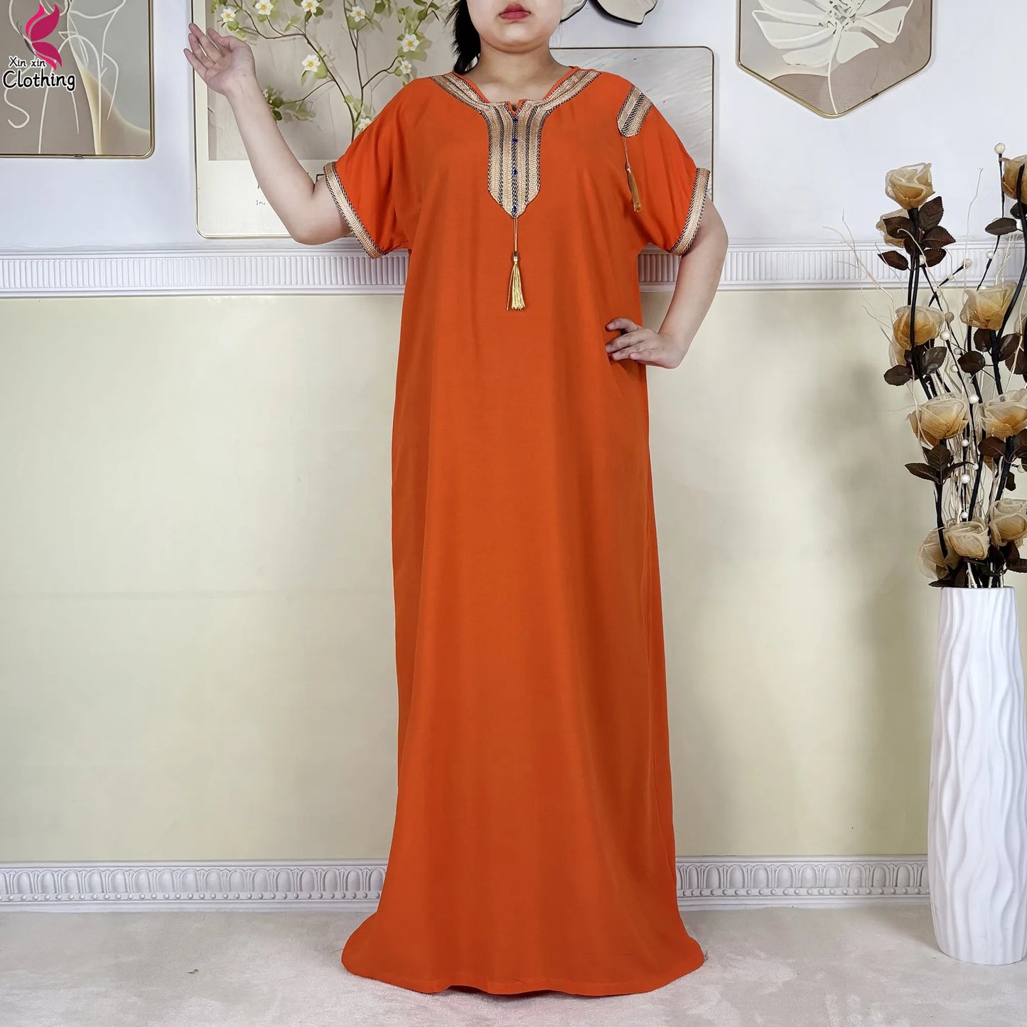 2025 Muslim Caftan Short Sleeve Dress Solid Cotton Summer Abaya African Traditional Dresses Islam for Women Casual Clothing.