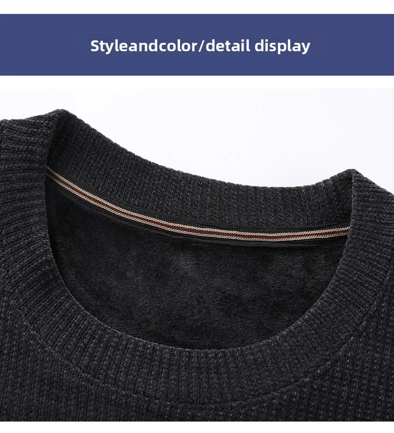 Fleece-Lined Knitted Pullover Sweater Casual Jumper for Men Insulated Warm Long Sleeve Thick Material Round Neck Design.