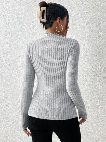 Fashion Slim Ruffle Neck Knit Long Sleeve Top, Lace Mid-Collar Women's Striped Bottom Shirt, Autumn and Winter Casual Sweater.