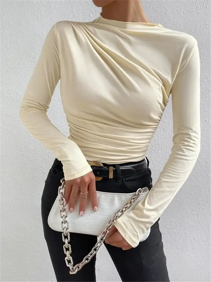 Slim Fit Long Sleeve Women's T-shirt Pure Color Design Pleated Detail Base Shirt Ladies Top Quality Material Comfortable Wear.