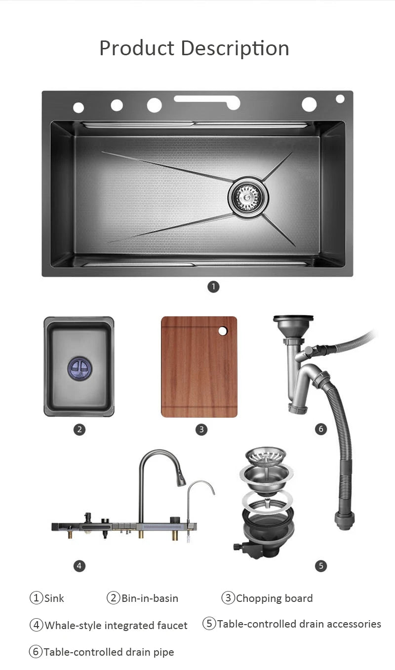 68x46cm Large Capacity Kitchen Sink Faucet Whale Waterfall Design Multifunctional Single Tank Home Appliance Fashionable