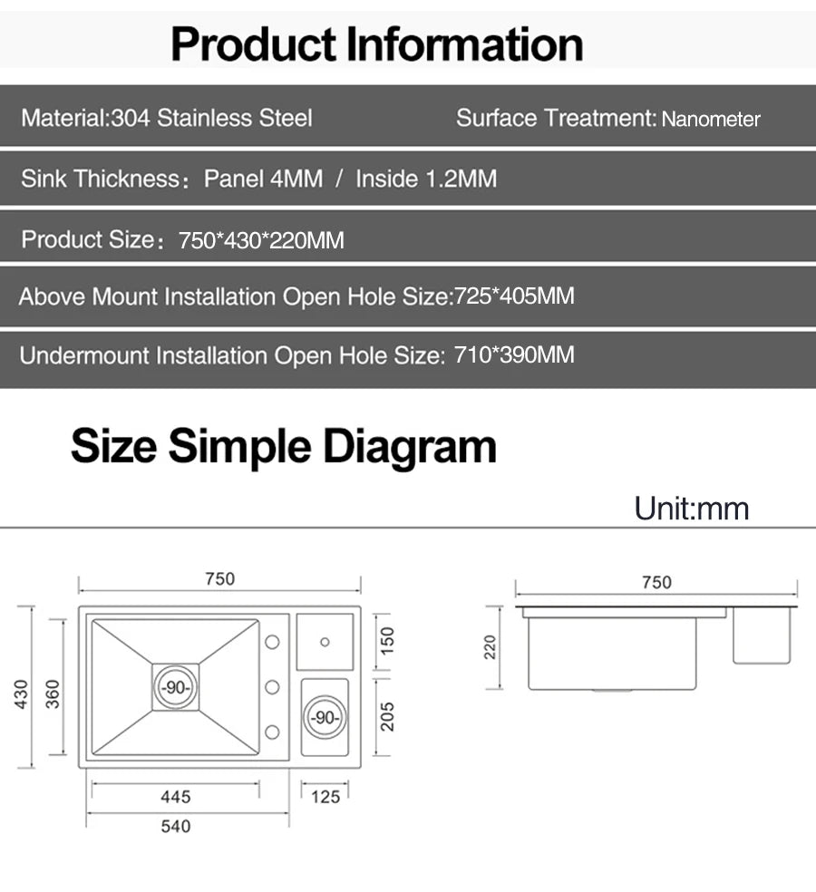 ASRAS Nanometer Hidden Flip Cover kitchen Island Sink 4mm Thickness Handmade Cup Rinser And Trash Can Kitchen Sinks