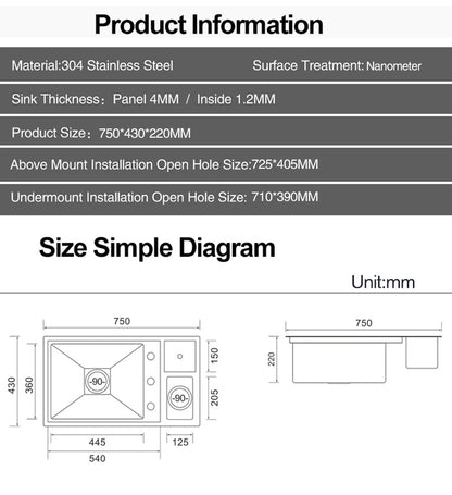 ASRAS Nanometer Hidden Flip Cover kitchen Island Sink 4mm Thickness Handmade Cup Rinser And Trash Can Kitchen Sinks