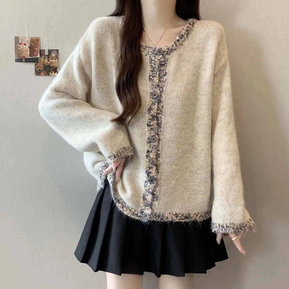 Pailletten-Strickjacke für Damen, Herbst und Winter, lockeres Schlankheitsoberteil