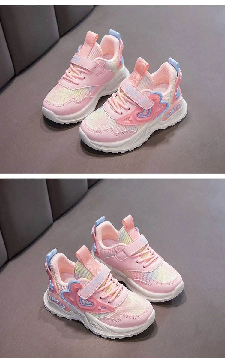 Girls Sports Shoes Kids Running Shoes Pink Breathable Air Mesh Heart Sweet Sneakers Cute Hook & Loop Children's Casual  Shoes.
