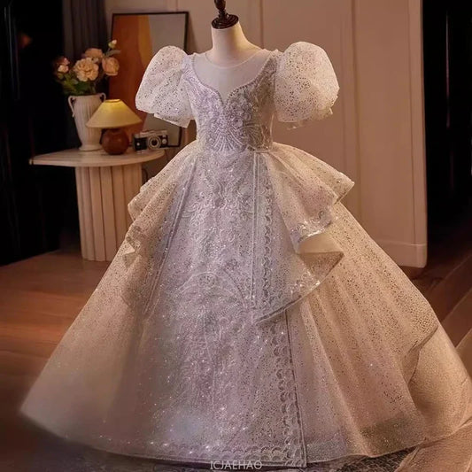 2025 Mädchen Neue Mode Prinzessin Kleid Große Kinder Weiß Klavier Leistung Puffy FormalParty WearParty Tragen Kleid Host Outfit Geburtstag
