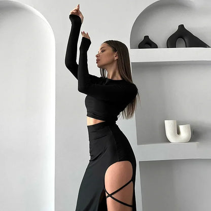 D23st272 Women's Autumn New Solid Color Casual Long Sleeve Round Neck Top Slimming Smooths Your Silhouette Tie Half Dress Suit