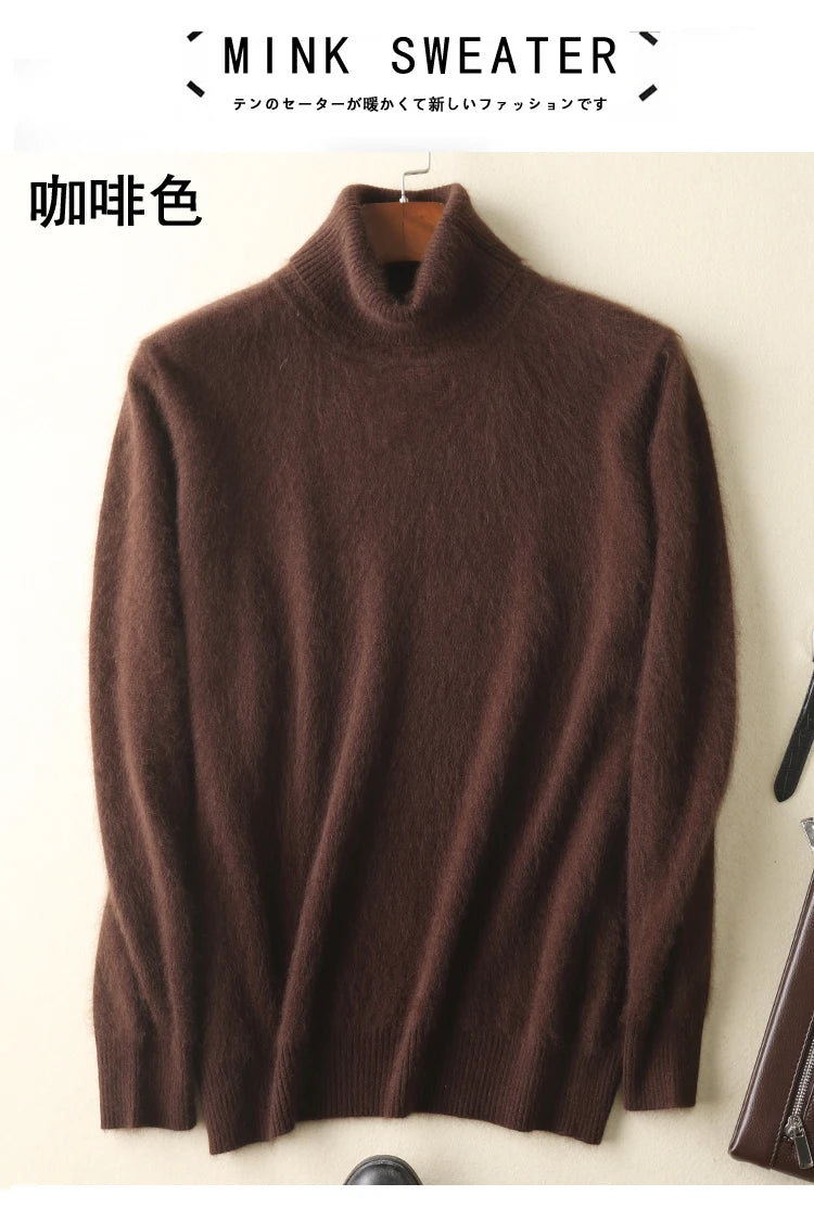 Men's 100% pure Mink Knitted Sweater Turtleneck Large Size Casual Pullover Autumn Winter New Base Shirt Men Warm High Lapels Top